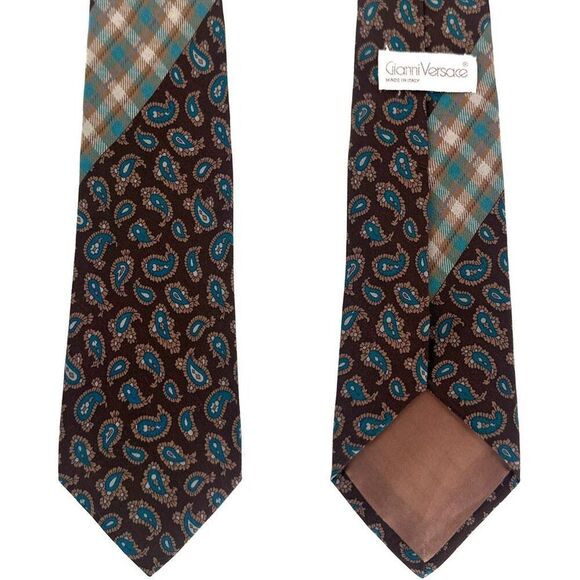 Vintage Gianni Versace Brown Paisley Plaid Silk Mixed Pattern Men’s tie blue - Picture 1 of 9